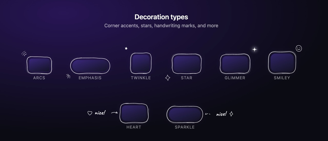Decoration types - corner accents, stars, handwriting marks and more