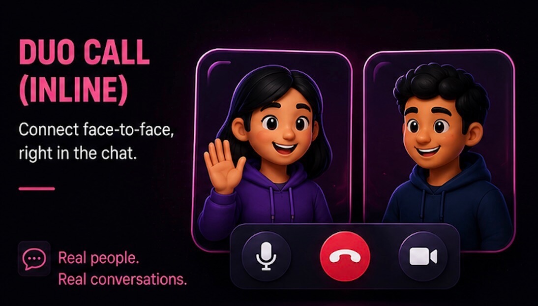 Two friends on a Duo Mode video call before matching with a stranger