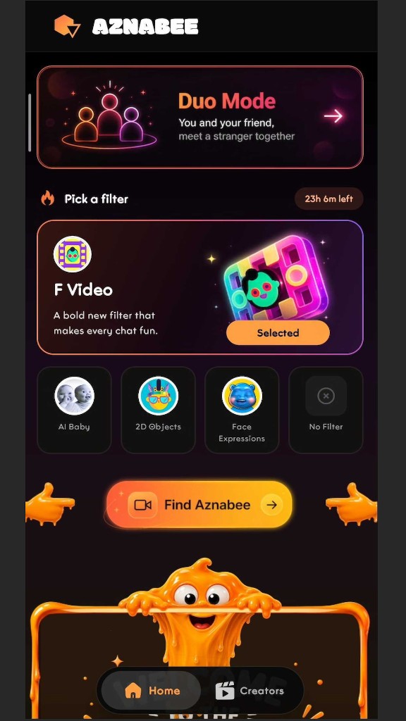 Aznabee app home screen with Duo Mode and filter picker